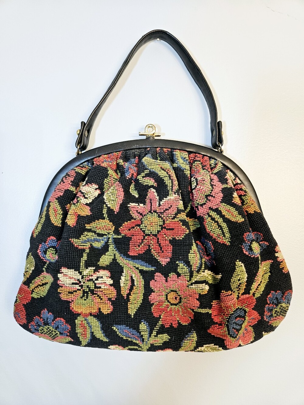 Vintage 70's Floral Needlepoint Boho Purse Shoulder Bag Tapestry